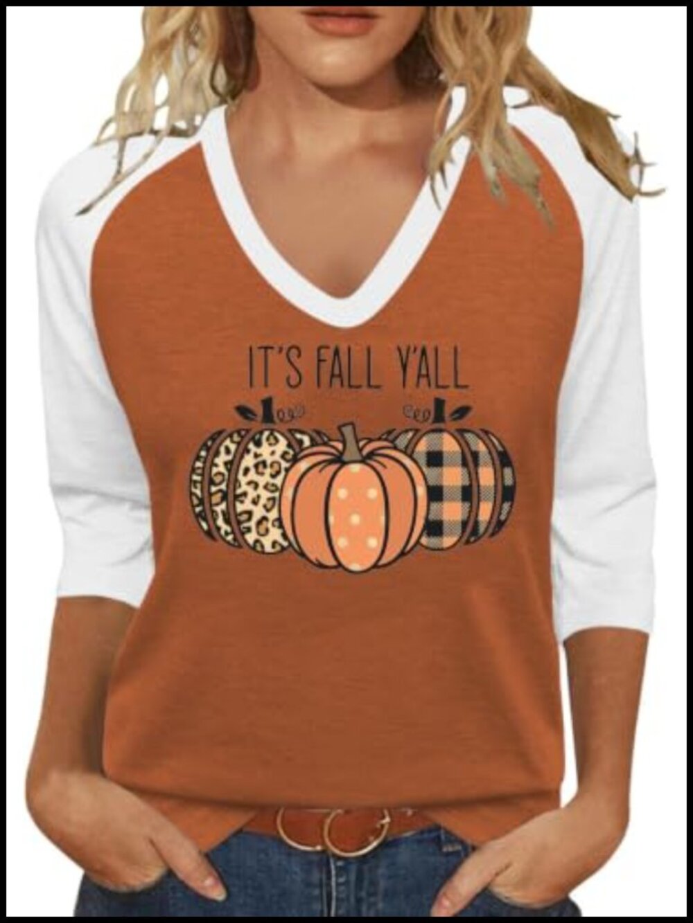 Fall Autumn Graphic V-Neck T-Shirt 3/4 Raglan Sleeve Cotton Blend Plaid Top